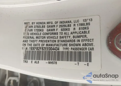 2014 Honda Civic Ex z USA, uszkodzony, nr VIN 19XFB2F82EE004434